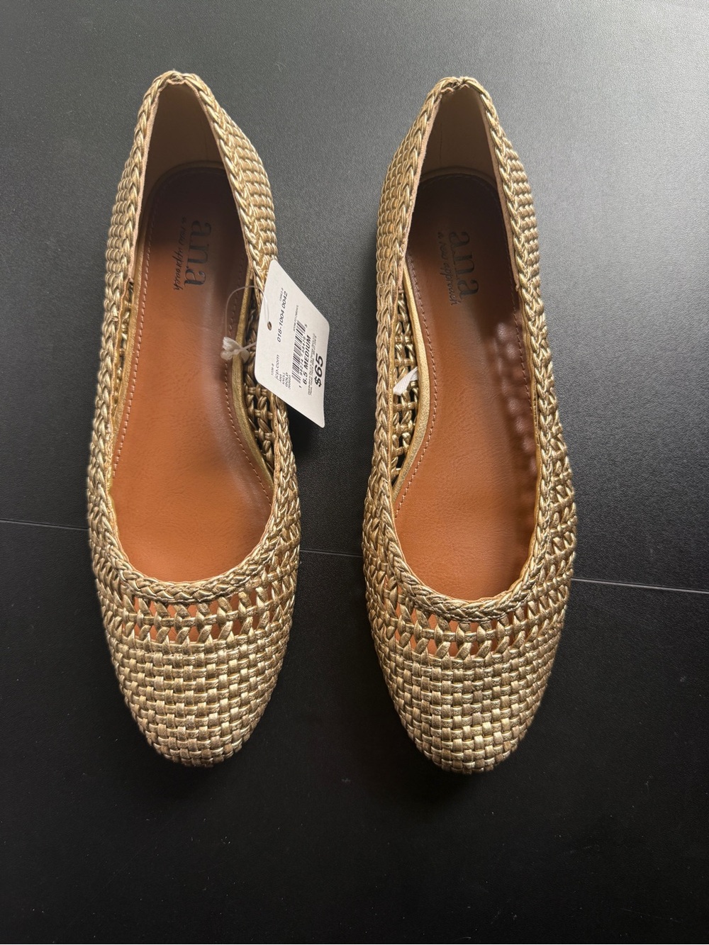 a.n.a Womens Size 6.5 M Gold Woven Braided Flat Shoes Ballet Slip On Knoll NWT